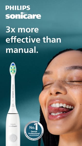 An ad for the Philips Sonicare electric toothbrush compares the product to manual toothbrushes by claiming to be more ef