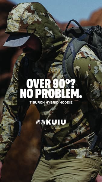This ad for the KUIU Tiburon Hybrid Hoodie uses a shot of a man in the hoodie in an outdoor setting. The ad calls out th