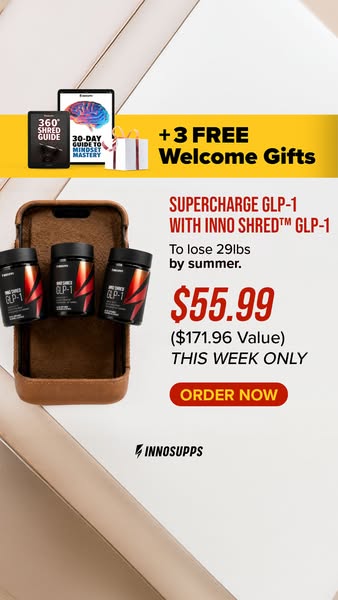 The image ad promotes Inno Supps Inno Shred GLP-1 supplement, claiming it can help users lose 29 lbs by summer. It featu