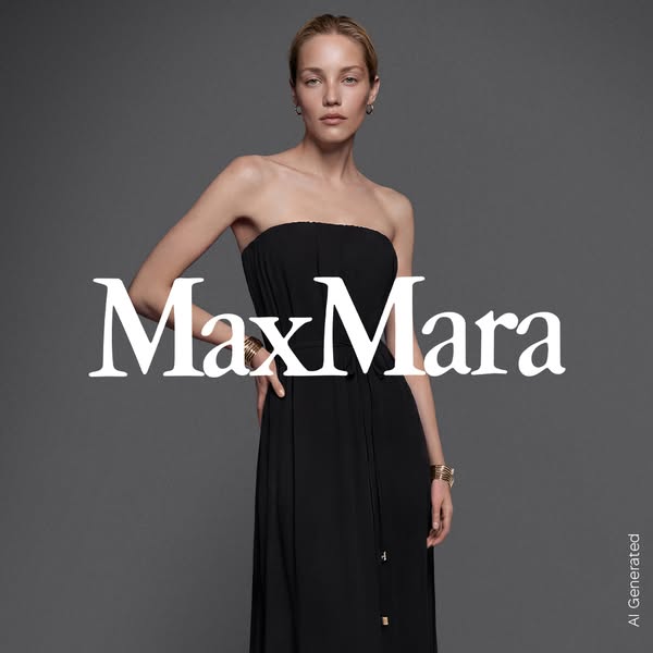 An advertisement for a black strapless dress by Max Mara, featuring a woman posing against a neutral grey backdrop with 
