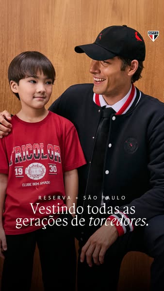 This image ad shows a man and a boy, likely a father and son, wearing Sao Paulo Football Club apparel from Reserva. The 