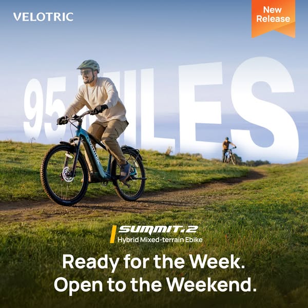 The ad features the Velotric Summit 2 hybrid mixed terrain ebike. The image shows a cyclist riding the bike on a trail w