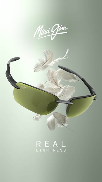 This image ad features the Maui Jim brand of sunglasses. The sunglasses are showcased floating amid white feathers. The 