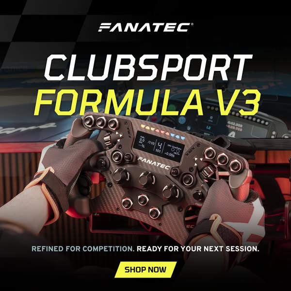 An ad for Fanatec's Clubsport Formula V3 racing wheel. The ad features a close-up of the wheel being held in hands w