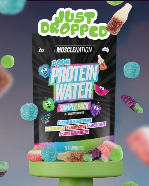 This ad is promoting Muscle Nation's Sour Protein Water Sample Pack, showcasing a single package of product with var