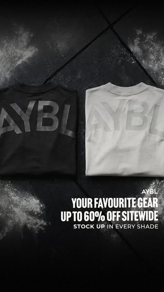 This ad features a black and white version of a crew neck t-shirt. The ad promotes a site wide sale of up to 60% off.