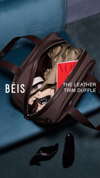 This ad showcases Béis's Leather Trim Duffle bag in a lifestyle setting. The bag is displayed partially open, reveal