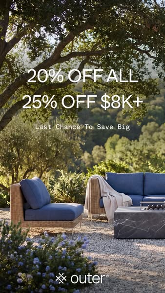 This image ad for Outer promotes outdoor furniture with a limited-time offer of 20% off all furniture or 25% off purchas