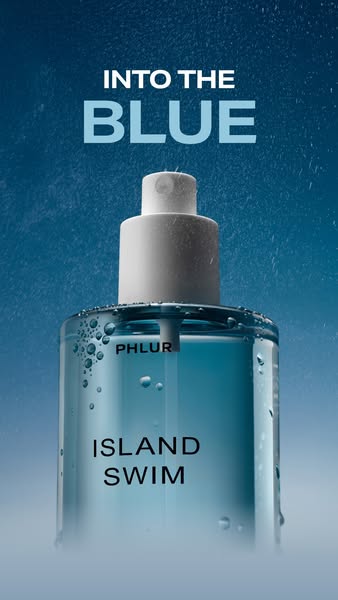 This image ad showcases the Phlur Island Swim perfume with an 'Into the Blue' theme, emphasizing its aquatic and