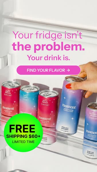 This ad is for Moment Mood Boosting Botanical Soda, and shows four cans of the product inside of a refrigerator. The ad 