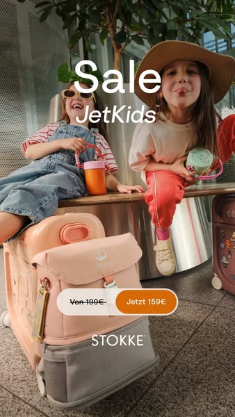 This image ad for Stokke promotes a sale on the JetKids product line. The ad features two young girls sitting next to St