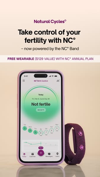 The image ad promotes Natural Cycles, a fertility-tracking app, and its associated NC° Band. The ad emphasizes taking co