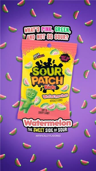 This single image ad features the product Sour Patch Kids Watermelon flavored soft and chewy candy. The ad copy asks the