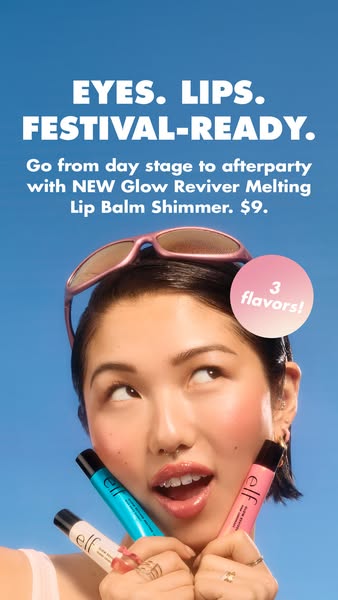 This ad promotes e.l.f.'s Glow Reviver Melting Lip Balm Shimmer, highlighting its suitability for achieving a 'f