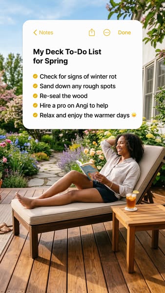 An image ad promoting Angi's services for deck maintenance, presented as an iPhone note with a checklist, alongside 