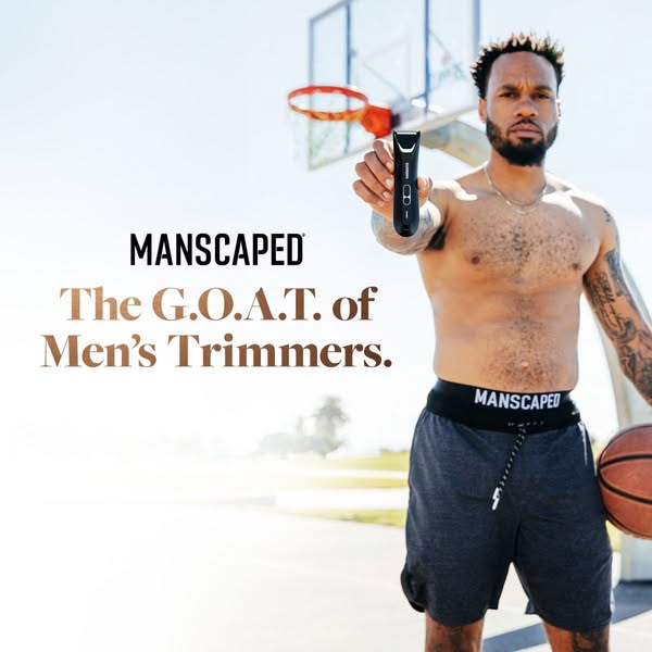 The Manscaped ad features a muscular man standing on a basketball court holding a Manscaped trimmer. The ad's messag