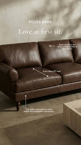 This ad showcases the Poly & Bark sofa, emphasizing its comfort and high-quality materials with annotations calling 