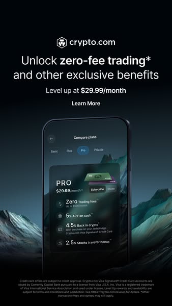 This ad promotes Crypto.com's zero-fee trading and other exclusive benefits by leveling up at $29.99/month.