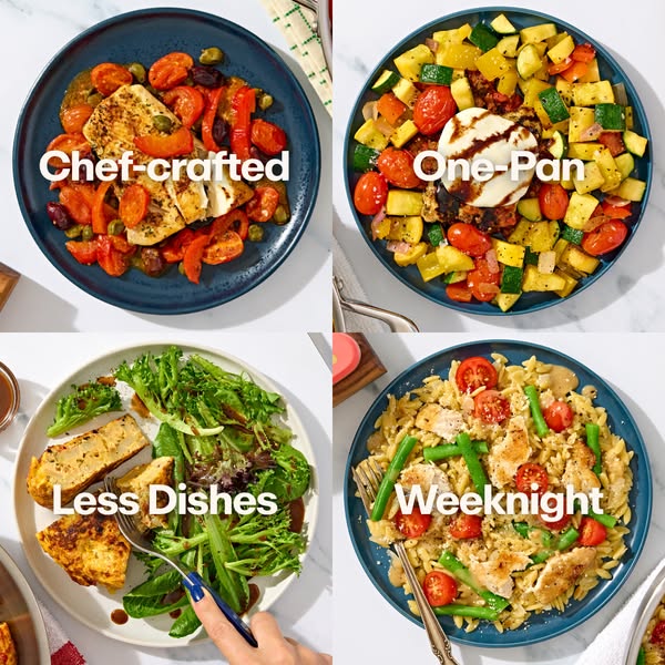 The ad showcases four different meals available through a meal service. Each meal is presented on a plate with a short p