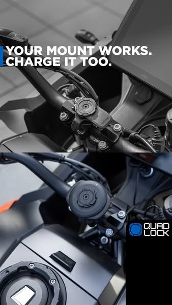 The ad highlights the Quad Lock motorcycle mount and wireless charger. It targets motorcyclists looking for a reliable w