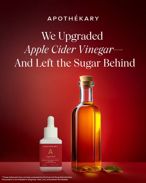 This ad features two Apothekary products, an apple cider vinegar liquid in a bottle and a Sugar Kick tincture. The ad is