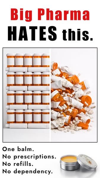 This is a product ad for a balm that promotes itself as an alternative to traditional prescriptions.