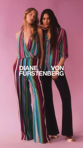 This ad features two women modeling Diane von Furstenberg clothing against a pink background. The brand name is prominen