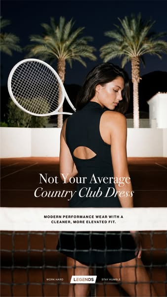 An ad for Legends activewear featuring a woman on a tennis court wearing the brand's dress.