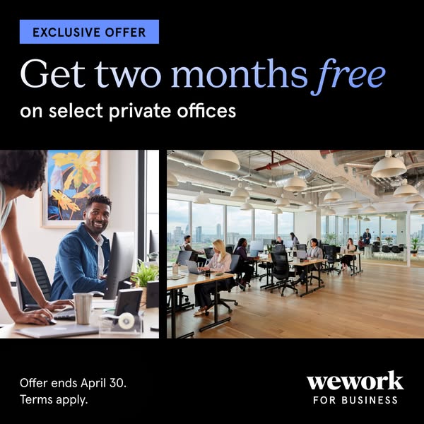 This image ad promotes WeWork private office spaces, highlighting a limited-time offer of two months free. The ad featur