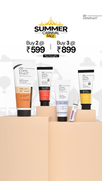 This ad for Deconstruct promotes a summer carnival sale where customers can buy 2 products for ₹599 or 3 products for ₹8