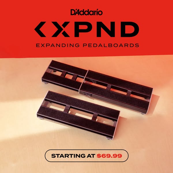 This image ad for D'Addario XPND Pedalboards features two of the products, one expanded and one unexpanded, arranged