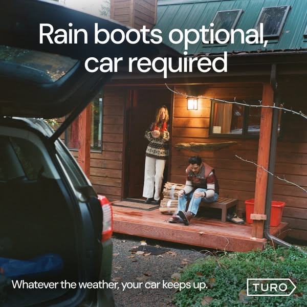 This Turo ad shows a photo of a couple at a cabin in a rural area, implying that you need a car to get to similar locati