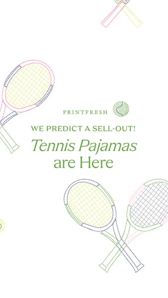 This image ad from Printfresh promotes their new tennis-themed pajamas. The ad features a white background with graphic 