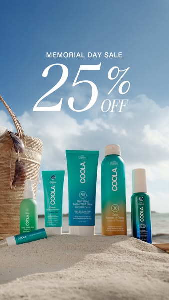 This ad showcases a range of Coola organic sunscreen products along the beach during the brand's Memorial Day sale.