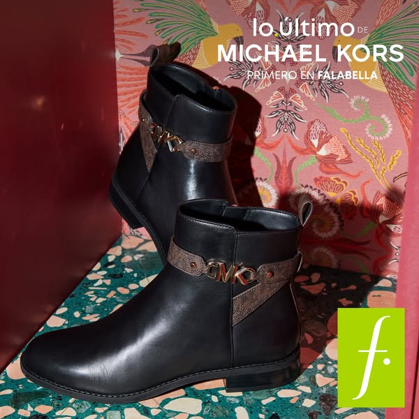 This ad for Michael Kors features two black leather boots, showcasing their design and the Michael Kors logo. It emphasi
