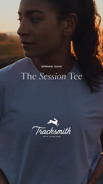 This image ad showcases Tracksmith's "The Session Tee" as part of its Spring 2026 line. The ad features a 