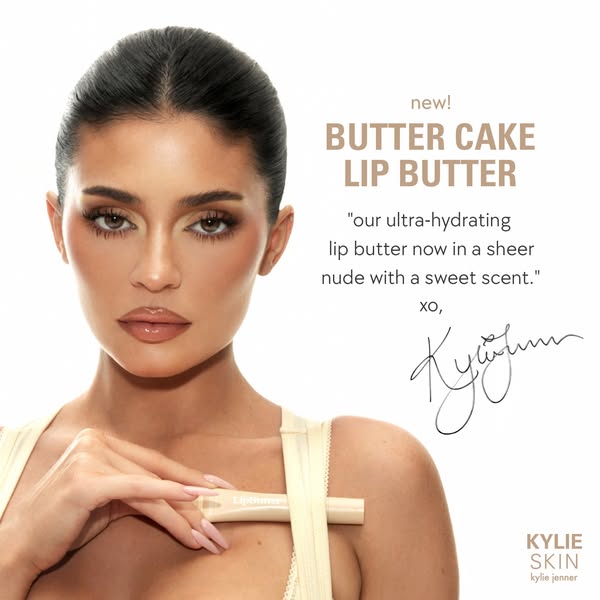 This is an image ad from Kylie Skin promoting their new Butter Cake Lip Butter. The ad features Kylie Jenner holding and