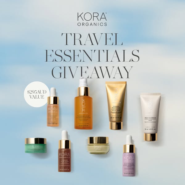 This ad showcases Kora Organics' 'Travel Essentials' giveaway with an image that features an arrangement of 