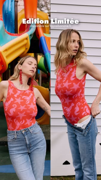 This image ad showcases a split screen of the same model wearing a Tajine Banana bodysuit with jeans. The bodysuit has a