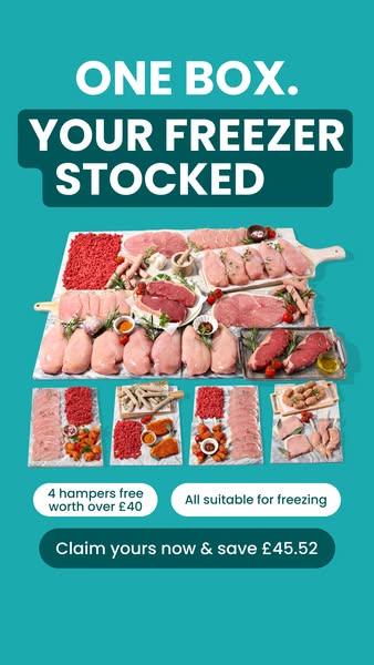 This image ad showcases a wide variety of meat products as part of an offer to stock the customer's freezer. It incl