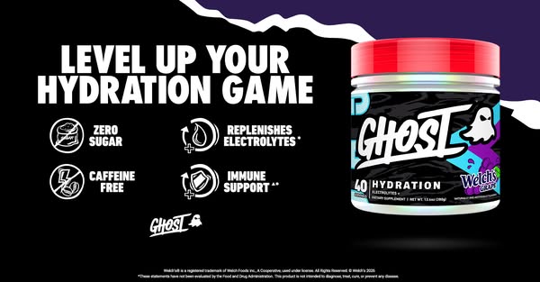 This ad is for Ghost brand hydration supplements, in Welch's Grape flavor. The ad highlights that it has zero sugar,
