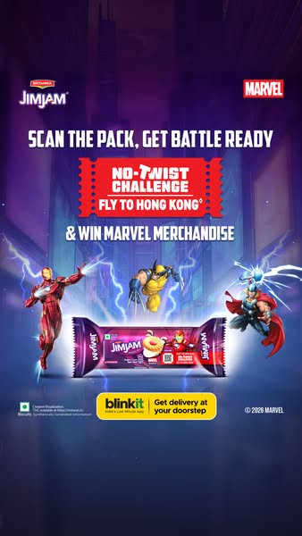 This image ad for JimJam features a contest where users can scan the pack for a chance to win Marvel merchandise and a t