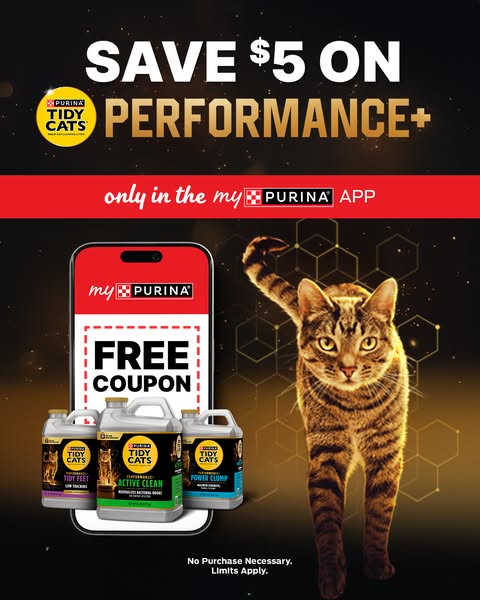 A digital ad for Purina Tidy Cats litter promoting a coupon discount when users download the Purina app. The ad features
