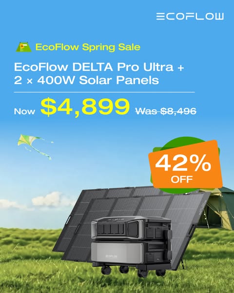 This image ad promotes the EcoFlow DELTA Pro Ultra and 2 x 400W Solar Panels as part of a spring sale. It highlights a s