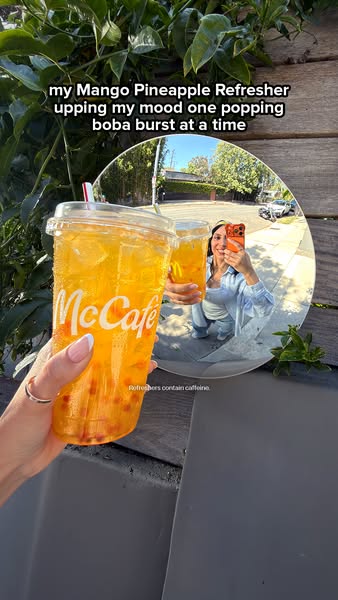 This ad highlights the McDonald's Mango Pineapple Refresher, focusing on its mood-boosting and flavor aspects. The a