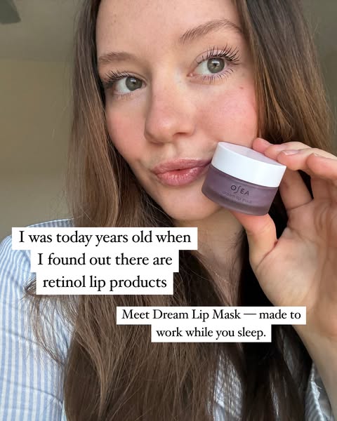 This image ad features a real-life woman who has just found out about retinol lip products. She is holding and showcasin