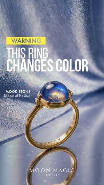 This ad for Moon Magic Jewelry highlights a color-changing 'mood stone' ring, emphasizing its unique aesthetic a