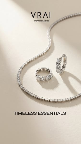 This ad for VRAI created diamonds features a close-up shot of a diamond necklace and pair of huggie earrings. The ad foc