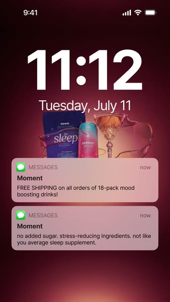 The ad uses a notification style creative to present the Moment brand and promote free shipping and sleep-boosting prope