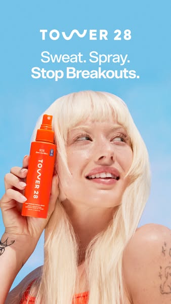 This image ad for Tower 28 features their SOS Daily Rescue Facial Spray, touting its ability to stop breakouts after swe